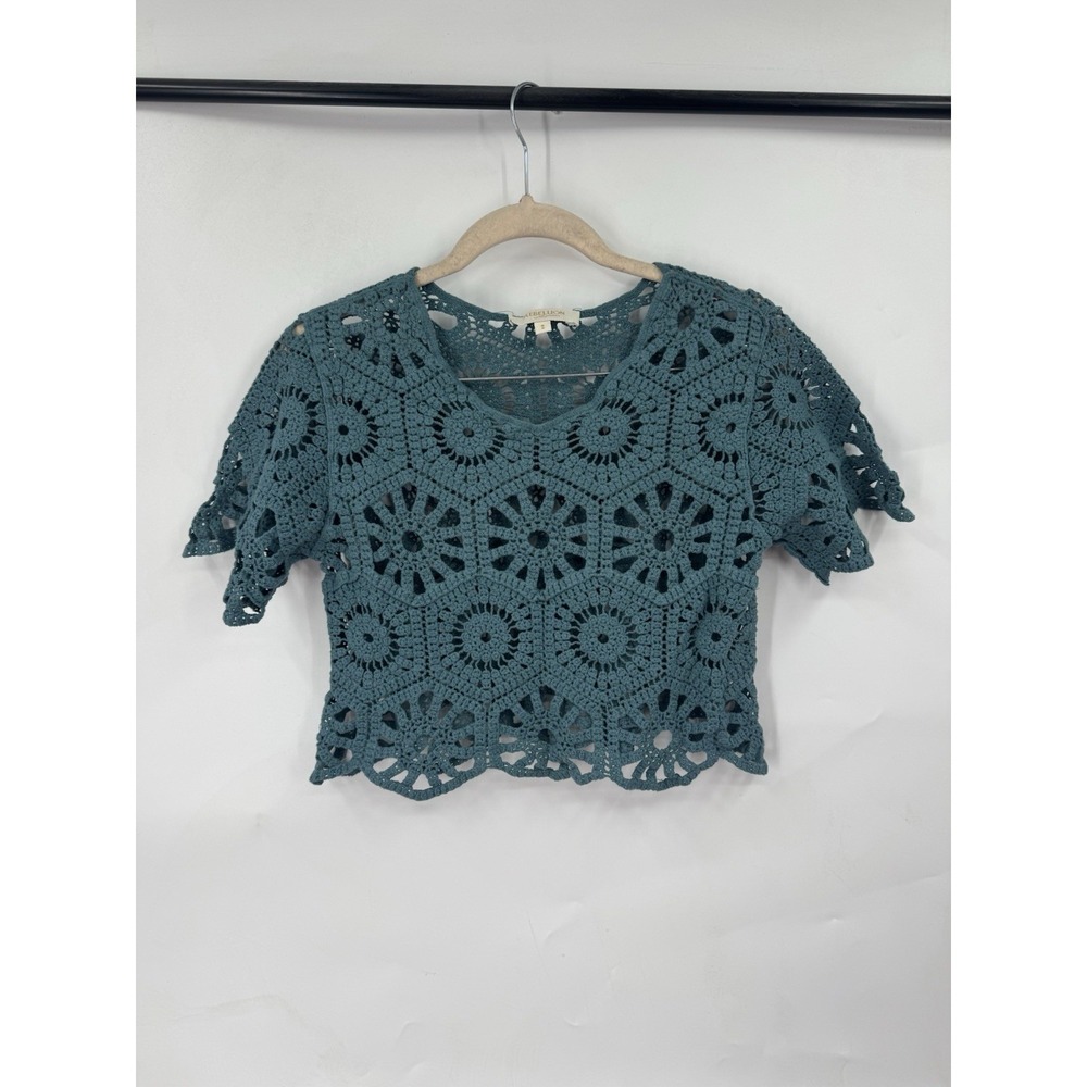 Rebellion Crochet Open Knit Sheer Crop Top Women S Green‎ Festival Fairy Preppy